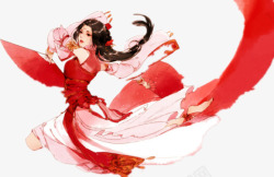 飞跃红衣美女古风手绘素材