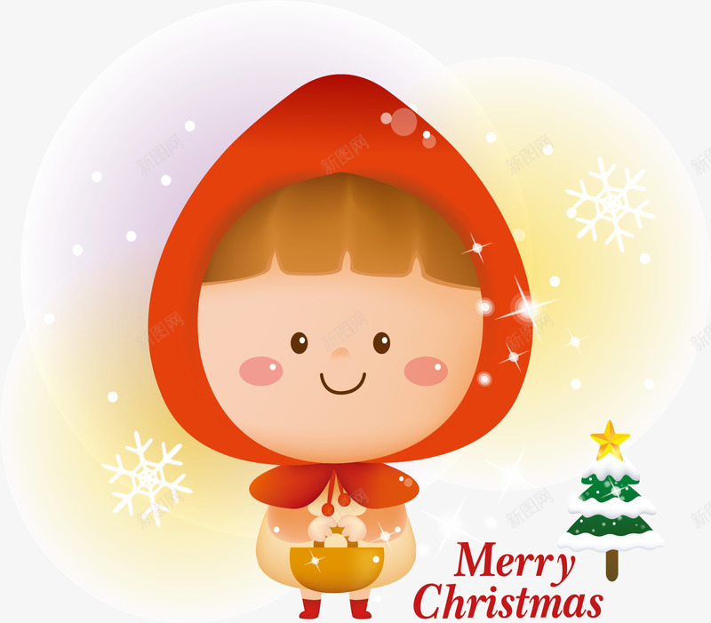 圣诞节红帽小女孩矢量图ai免抠素材_88icon https://88icon.com christmas merry 圣诞快乐 圣诞树 圣诞节 白色雪花 矢量图 红帽小女孩