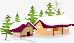 手绘房屋大树白雪图案素材