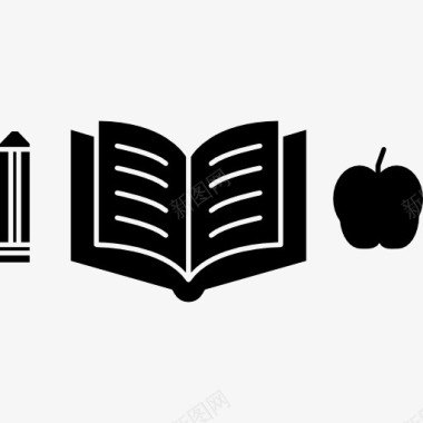 钢笔和一本打开的书和苹果的轮廓图标图标