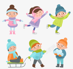 卡通男女小孩冬季滑雪矢量图素材