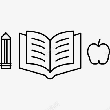 铅笔和一本打开的书和苹果的轮廓图标图标