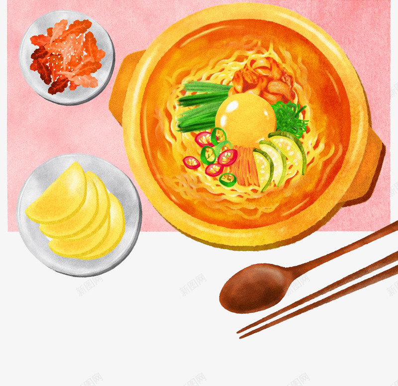 手绘美食png免抠素材_88icon https://88icon.com 乌冬面 方便面 日本料理 木勺 粉色 面 黄色