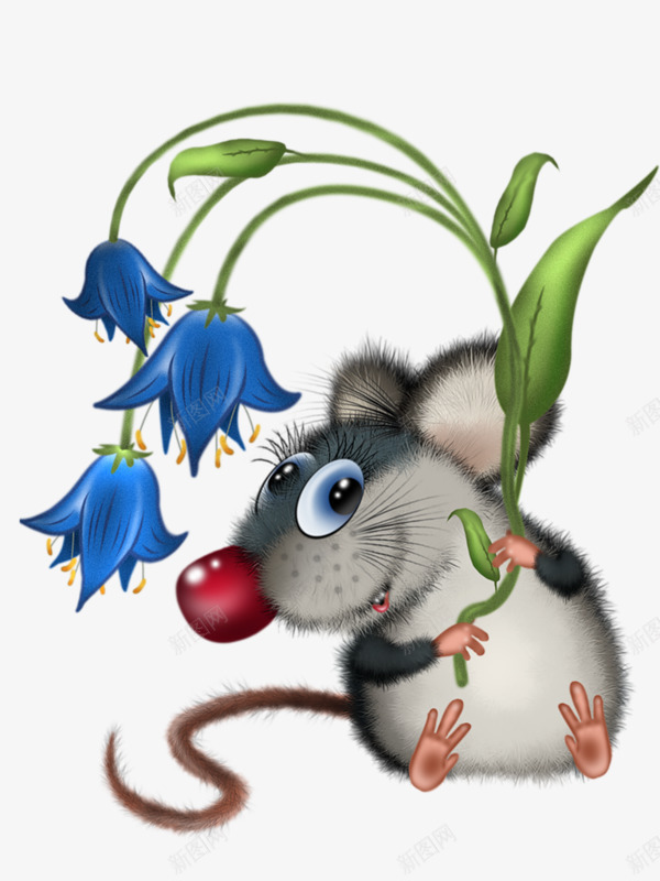 拿着花的老鼠png免抠素材_88icon https://88icon.com 卡通 小老鼠 手绘 绿叶 花朵 蓝色