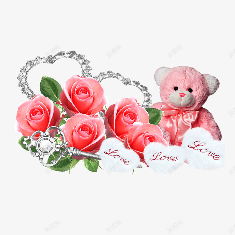 浪漫的玫瑰和可爱的布娃娃png免抠素材_88icon https://88icon.com 爱 爱心 爱心花环 粉色布娃娃