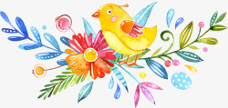 手绘卡通水彩花朵小鸟素材