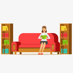 卡通坐在图书馆休息区看书的女士素材
