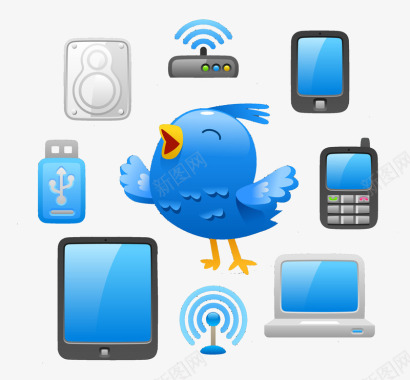 蓝色科技背景蓝色小鸟和图标图标