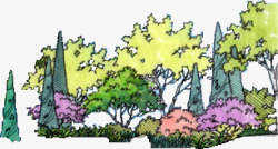 手绘彩色公园装饰大树素材