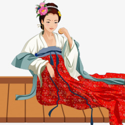 中秋节手绘红衣古典美女素材