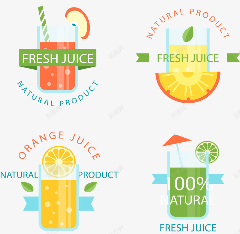 4款扁平化新鲜果汁标签矢量图ai免抠素材_88icon https://88icon.com 吸管 扁平化 新鲜 柠檬 标签 橙子 水果汁 玻璃杯 菠萝 矢量图