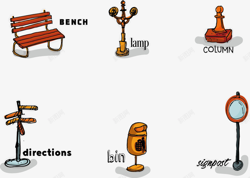 路灯椅子矢量图ai免抠素材_88icon https://88icon.com 指路牌 椅子 路灯 矢量图