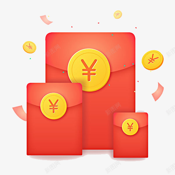 卡通红包金币png免抠素材_88icon https://88icon.com 免抠三个红包 卡通红包 彩带装饰 漂浮的金币 金币