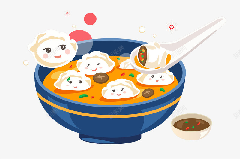 手绘卡通饺子图png免抠素材_88icon https://88icon.com 创意的 勺子 卡通 可爱的 年夜饭 蘸料 饭碗 饺子