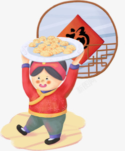 春节传统习俗卡通新年头顶一盘饺子人物高清图片