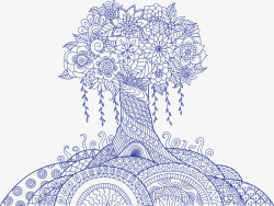 深蓝色艺术花朵拼图大树素材
