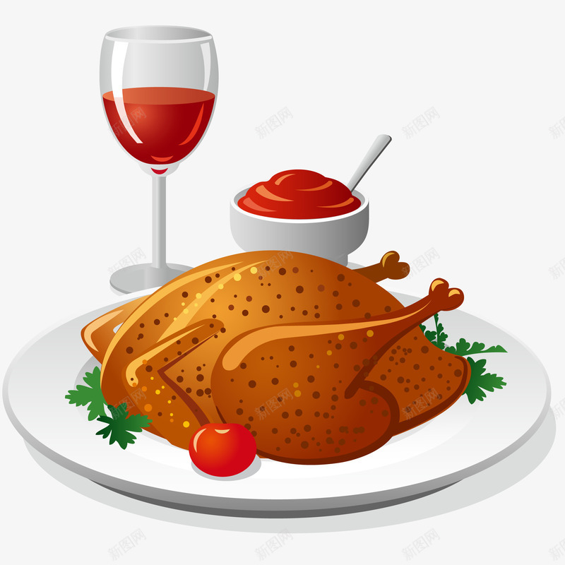 红酒和烤火鸡插画矢量图ai免抠素材_88icon https://88icon.com 免抠PNG 感恩节 晚餐 烤火鸡 红酒 红酒和烤火鸡矢量插画 酱料 矢量图