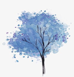 蓝色水墨手绘大树素材