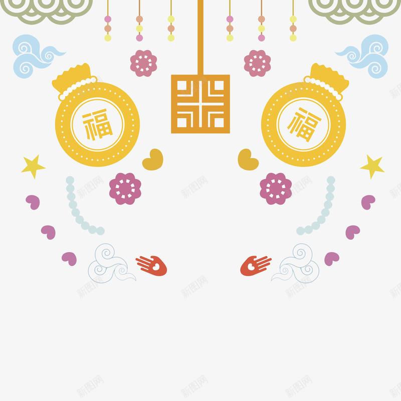 卡通福袋新年装饰效果图png免抠素材_88icon https://88icon.com 中国风 卡通 双手 春节 祥云 福袋 装饰 黄色的