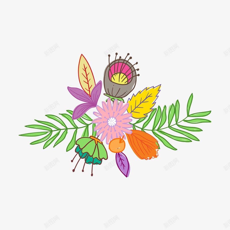卡通手绘美丽的花朵png免抠素材_88icon https://88icon.com 创意 动漫动画 卡通手绘 彩色花朵 绿叶 美丽的花朵