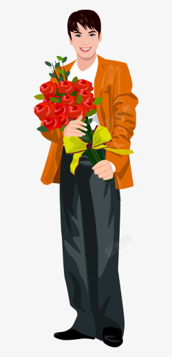 卡通手绘抱着一捆红色玫瑰花男人素材
