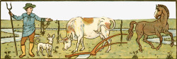 古代测量工具绿色田地里牵着牛跟马劳作的农民高清图片