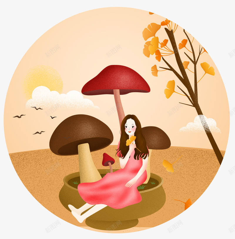 装饰卡通手绘插画psd免抠素材_88icon https://88icon.com 卡通手绘 女孩 插画 景色 蘑菇 装饰图案 风景