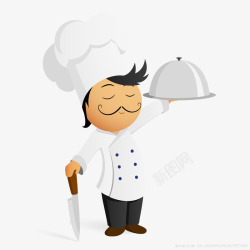 厨师帽子卡通男厨师一手拿刀一手托盘子插高清图片