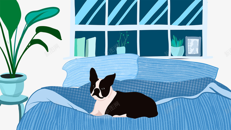 卡通手绘卧在床上的宠物狗psd免抠素材_88icon https://88icon.com 卡通 卧在床上的宠物狗 手绘 窗户装饰 绿色的植物 花盆