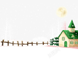 月夜绿色房子和雪地素材