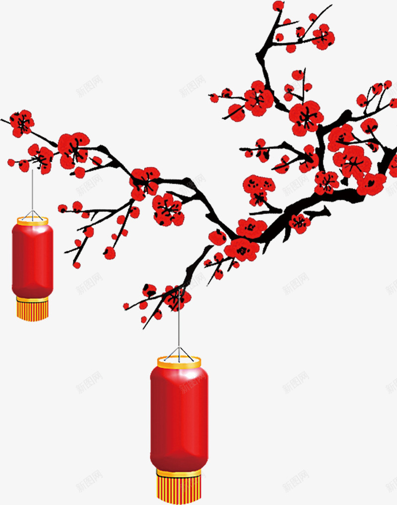 红色中国风花枝灯笼png免抠素材_88icon https://88icon.com 新年 新春 春节 桃花 灯笼花枝 红色灯笼 花枝