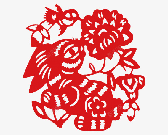 鲜花兔子小鸟png免抠素材_88icon https://88icon.com 中国风 剪纸 剪纸兔子 新年素材 春节 红色 节日素材