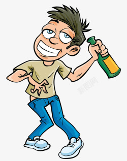 卡通人物插图拿着酒瓶喝醉的男人素材