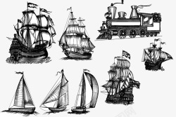 手绘的帆船和火车素材