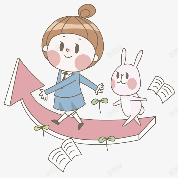 行走的女孩和小兔png免抠素材_88icon https://88icon.com 丸子头女孩 书本 可爱 小树叶 小粉兔 箭头 红脸颊