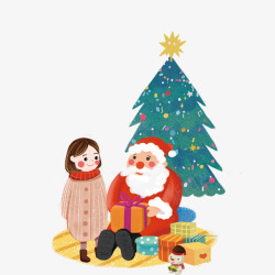 圣诞夜的圣诞树卡通手绘圣诞节送礼物给女孩高清图片
