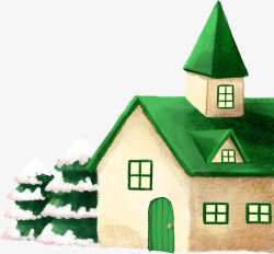 手绘绿色房屋冬季主图素材
