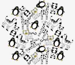 手绘卡通企鹅斑马老虎熊猫图案矢量图素材