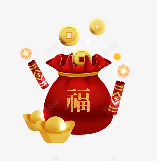 春节喜庆装饰插图福袋png免抠素材_88icon https://88icon.com 喜庆 春节 爆竹 福袋 节庆 过年装饰插图 金元宝 钱币