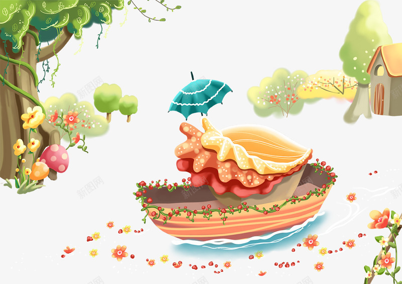 创意小船和大树png免抠素材_88icon https://88icon.com 创意小船 卡通花朵 卡通风景 大树 风景素材