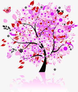 唯美大树手绘花朵蝴蝶素材