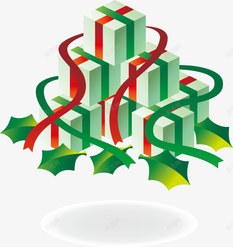 圣诞一堆礼物盒png免抠素材_88icon https://88icon.com 圣诞节元素 平安夜 彩带 精致礼盒 绿叶