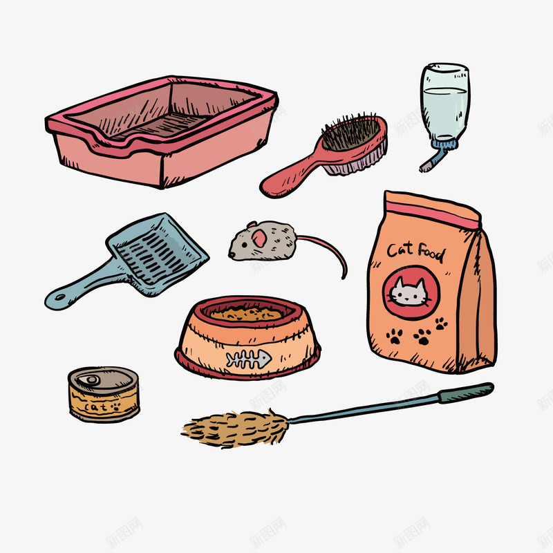 彩绘宠物猫用品矢量图ai免抠素材_88icon https://88icon.com 梳子 猫咪 老鼠 食物 矢量图