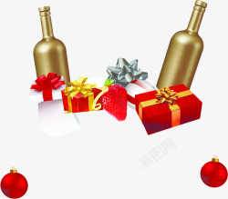 创意手绘质感圣诞节元素红酒礼盒素材