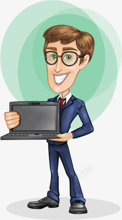 卡通手绘戴眼镜捧笔记本电脑男人素材