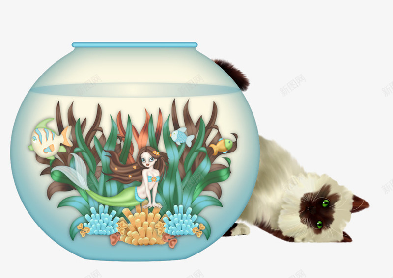 猫咪和鱼缸png免抠素材_88icon https://88icon.com 小草 猫咪 美人鱼 鱼缸