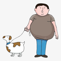 卡通大肚腩的男人牵着小狗素材