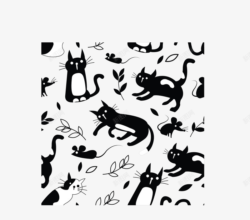 黑白卡通猫咪花纹矢量图ai免抠素材_88icon https://88icon.com 猫和老鼠 猫咪 猫鼠花纹 矢量png 老鼠 黑白色 矢量图