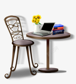 桌子椅子电脑书本和花素材