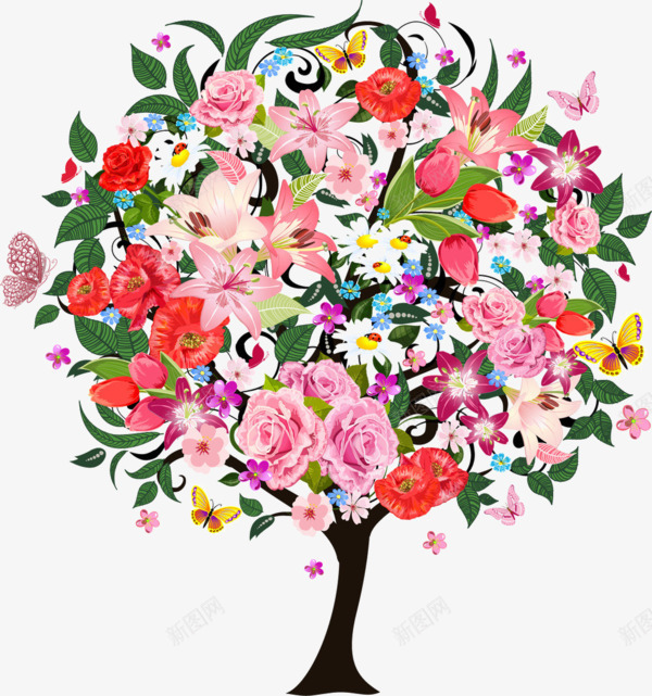手绘花朵拼接组成的大树png免抠素材_88icon https://88icon.com 创意 彩色 手绘 植物 花朵